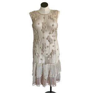 Lim’s Vintage Beige Fishnet Floral Crochet Cotton Midi Dress - Size Medium